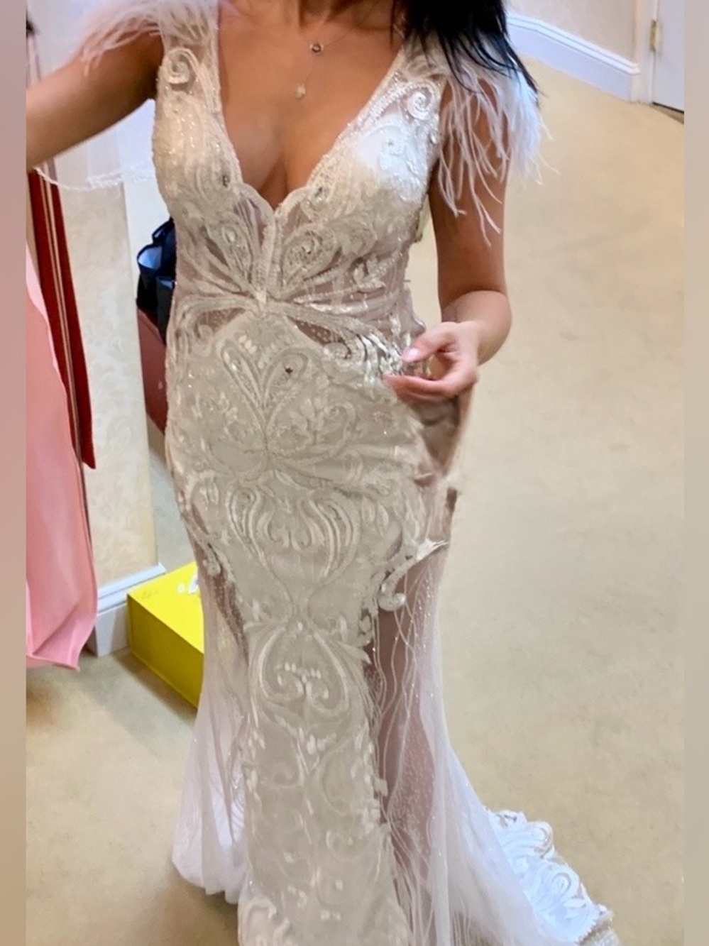 Portia and Scarlett White Feather-Shoulder Embellished Mermaid Gown - Picture 5 of 6